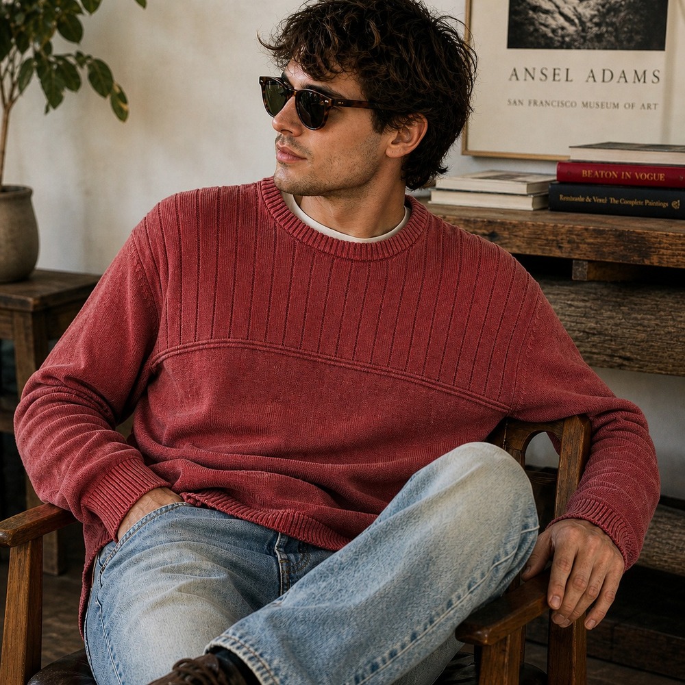 Vintage Sun River Clothing Co Mens Red Cotton Ribbed Knit Crewneck Sweater Large